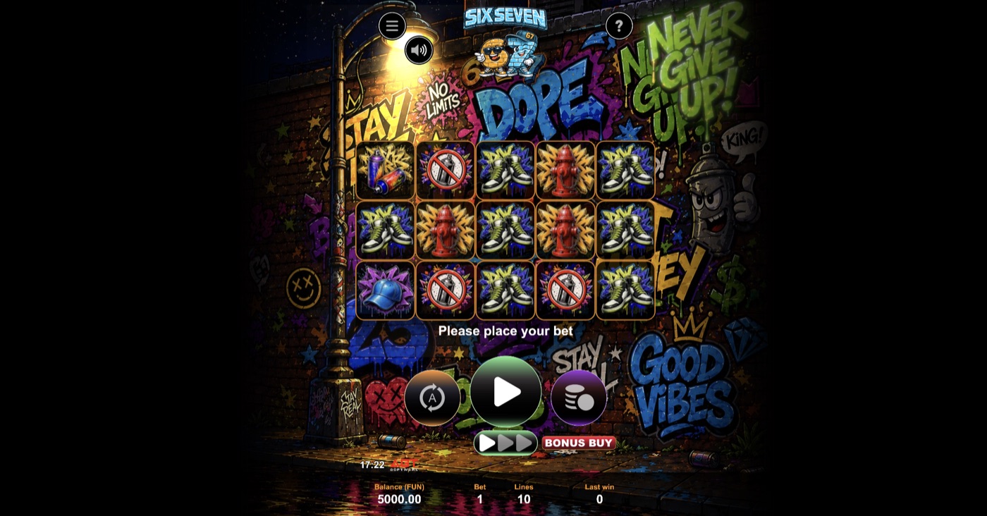 Six Seven slot gameplay screenshot showing the graffiti wall reels and Bonus Buy button